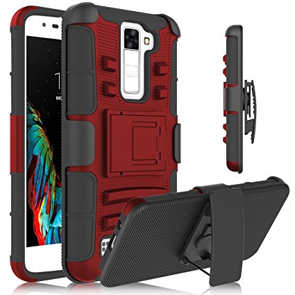 LG K10 Case, LG Premier LTE Case, Venoro Full Body Hybrid Rubber Plastic Shockproof Defender Heavy Duty Holster Belt Clip Kickstand Case Cover for LG K10 (Red / Black)