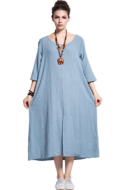 Anysize Spring Summer Dress Front Slit Soft Linen&Cotton Plus Size Clothing Y142