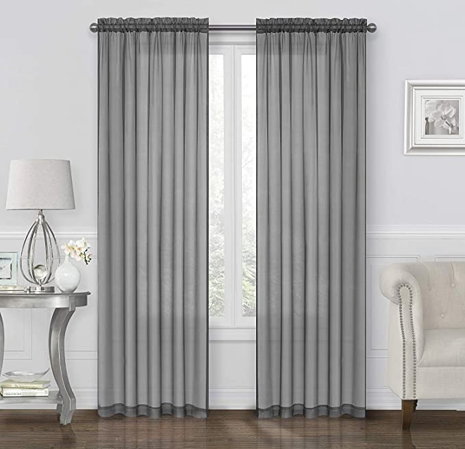 GoodGram 2 Pack: Basic Rod Pocket Sheer Voile Window Curtain Panels - Assorted Colors & Sizes (Gray, 45 in. Long Pair)
