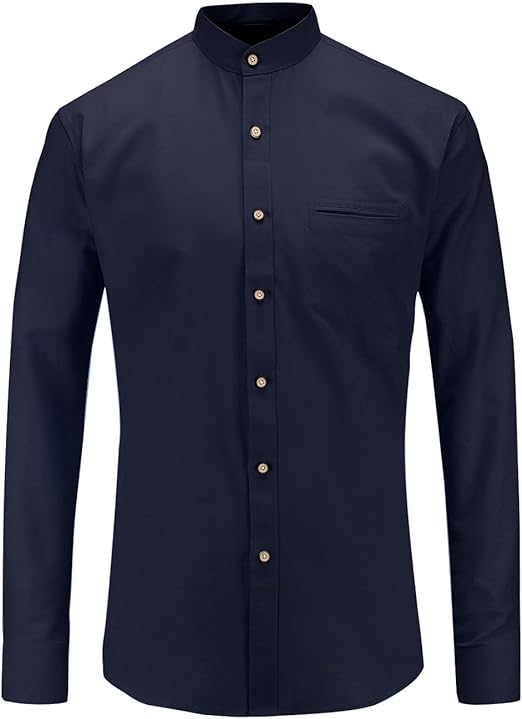 Jeetoo Collarless Shirt for Men Long Sleeve Oxford Banded Collar Dress Shirt