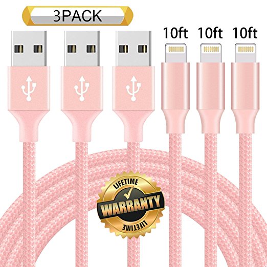 GUIGUI iPhone Cable 3Pack 10FT, Extra Long Nylon Braided Charging Cord Lightning Cable to USB Charger for iPhone X, 8, 7, 7 Plus, 6S, 6, SE, 5S, 5, iPad, iPod Nano 7 (Pink)