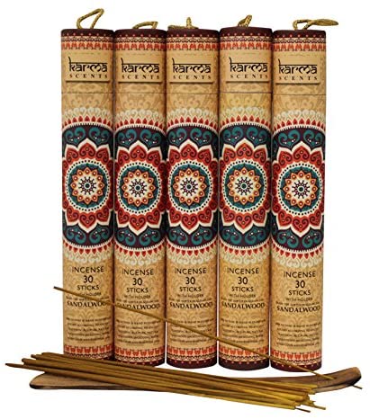 Karma Scents Premium Sandalwood Incense Sticks 5 Set Gift Pack with a Holder in Each Box, Includes 150 Sticks and Five Incense Burners