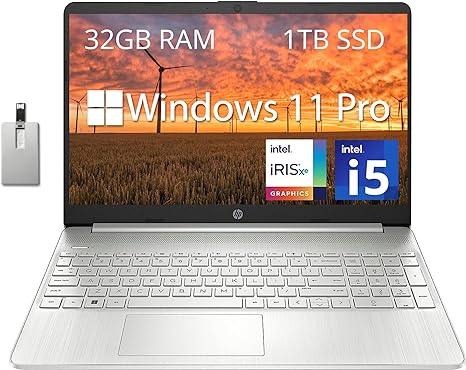 HP 15.6" FHD Business Laptop, Intel Core i5-1135G7, 32GB DDR4 RAM, 1TB PCIe SSD, Intel Iris Xe Graphics, Numpad, Webcam, Wi-Fi 5, Bluetooth, Silver, Win 11 Pro, 32GB Hotface USB Card