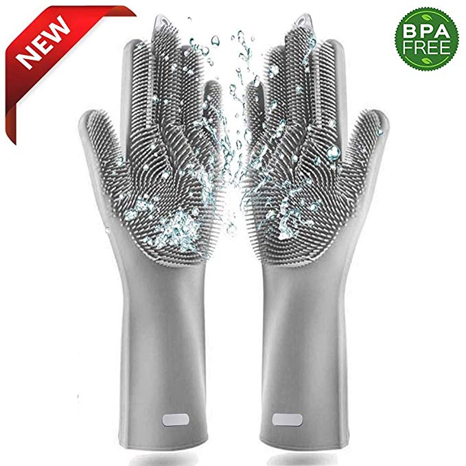 TOMORAL Magic Dishwashing Gloves Washing Scrubber Heat Resistant Silicone Gloves Dish Washing Rubber Gloves Reusable Kitchen Household Brush for Cleaning, Car Washing, Pet Hair Care (Grey)