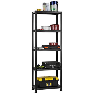 VonHaus 5 Tier Garage Shelving Unit with Wall Brackets - Heavy Duty Black Plastic Interlocking Utility Storage Shelves and Rack - Unit: 68 x 24 x 12 inches