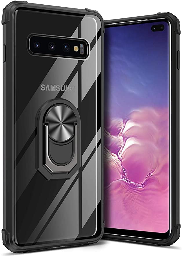 GREATRULY Kickstand Clear Case for Samsung Galaxy S10 Plus,Drop Protection Case for Galaxy S10 ,Slim Phone Cover Shell,Soft Bumper   Hard Back   Ring Stand Fit Magnetic Car Mount,Black
