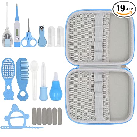 19 in 1 Baby Grooming Kit,Newborn Nursery Health Care Set Include Hair Brush Comb Finger Toothbrush,Nail Clippers,Thermometer,Nasal Aspirator,Ear Cleaner,etc. for Infant Toddlers Boys Girls Kids(Blue)