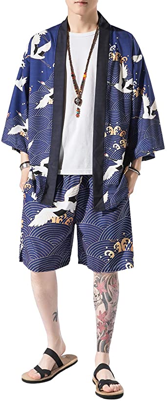 PRIJOUHE Men's Japanese Style Kimono Tops Pants Sets Lightweight Casual Seven Sleeves Open Front Cardigan & Shorts