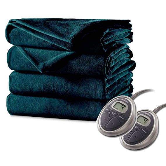 Sunbeam Luxurious Premium Plush Electric Heated Blanket, Auto Shut-off 20 Heat Settings Two Controllers, Queen Size, Deep Sea Blue