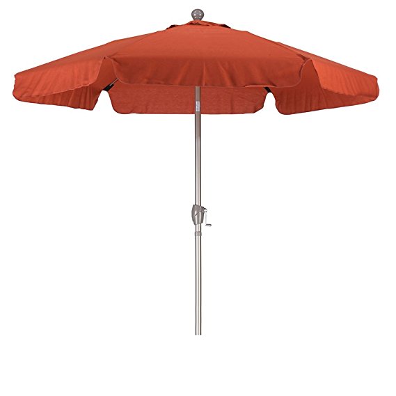 California Umbrella 7.5' Round Aluminum Pole Fiberglass Rib Umbrella, Crank Open, Push Button 3-Way Tilt, Champagne Pole, Brick Red