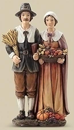 14" Thanksgiving Harvest Pilgrim Couple Resin Stoneware Figurine Decoration