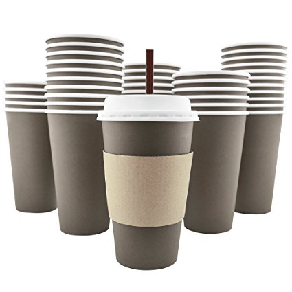 100 Pack - 16 Oz [8, 12, 20] Disposable Hot Paper Coffee Cups, Lids, Sleeves, Stirring Straws To Go
