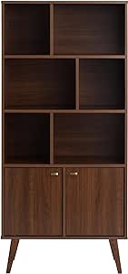 Prepac Milo Mid-Century Modern Bookcase with Six Shelves, Two Doors, and Brushed Brass-Finished Knobs