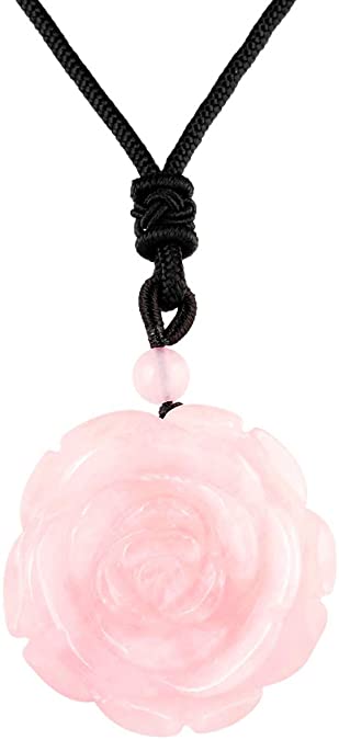 rockcloud Hand Carved Flower Natural Crystal Stone Pendant Necklace for Women