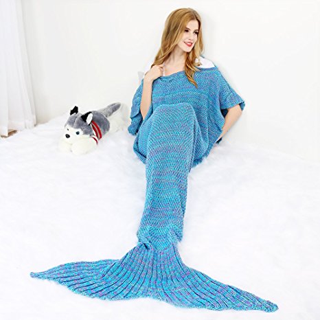 Merssyria Mermaid Tail Blanket,Handmade Crochet Blankets with Vacuum Waterproof Package,Sleeping Bag for kids and Adults, All Seasons Use in Bed,Sofa or Traveling(71"x35.5", LakeBlue-Harness)