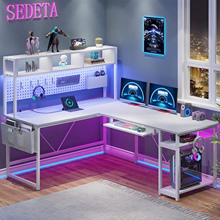 SEDETA L Shaped Gaming Desk, Reversible 94.5" Office Desk with Power Outlet and Pegboard, Gaming Desk with Led Light, Keyboard Tray and Storage Bag for Home Office, White