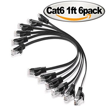 Ethernet Cable Cat6 Flat 1 ft Cat 6 Network Patch Cable with Rj45 Connectors - 1 Feet Black (6 Pack)