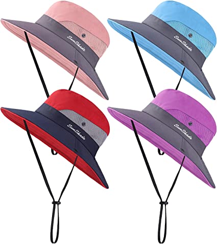 Cooraby 4 Pack Women Summer Sun Hat Ponytail Hole Cap Wide Brim Hat Beach Cap for Hiking and Fishing