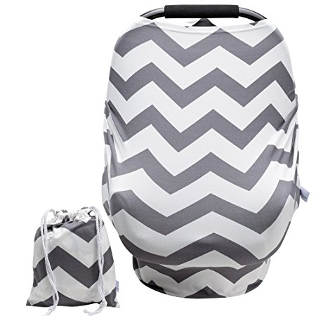 Baby Car Seat Covers Super Soft stretchy and Breathable Nursing Covers for Boys and Girls with Pouch Cute Gray Wave Stripes
