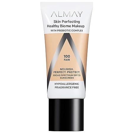 Almay Skin Perfecting Healthy Biome Foundation Makeup with Prebiotic Complex SPF 25, Hypoallergenic, -Fragrance Free, 100 Fair, 1 fl. oz.