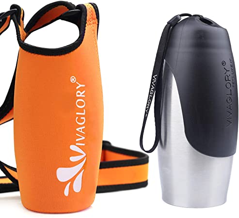 VIVAGLORY 25oz Stainless Steel Water Bottle for Large and Small Dogs and Orange Neoprene Water Bottle Sling with Adjustable Wide Shoulder Strap