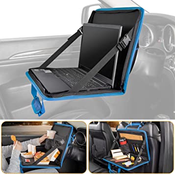 JOYTUTUS 3 in 1 Steering Wheel Eating Tray (Blue 16.34''*11.8''), Car Back Seat Laptop Desk, Multifunctional Car Office Bag, Car Work Table for Writing, Car Organizer for Kids, Commuters, Family