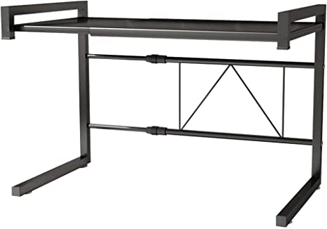 Feibrand Microwave Shelf Storage Kitchen Rack Stand Oven Organiser Unit Extendable Countertop Free Adjustable Expandable with 6 Hanging Hook Black