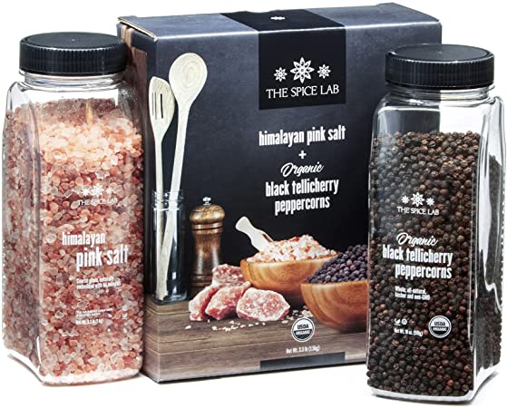 The Spice Lab Pink Himalayan Salt Coarse 2.2 Pound Tub & USDA Organic Tellicherry Peppercorns 18oz Tub - Combo Salt and Pepper Gift Pack - Pink Himalayan Salt for Grinder - Peppercorns for Grinder