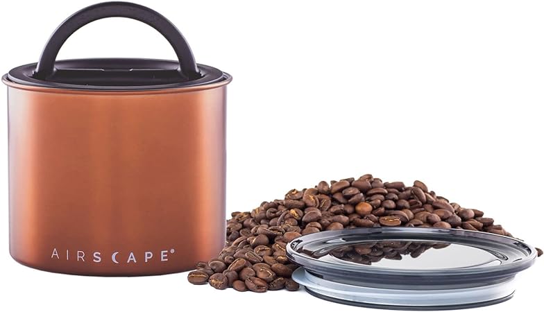 Planetary Design Airscape Stainless Steel Coffee Canister | Food Storage Container | Patented Airtight Lid | Push Out Excess Air and Preserve Freshness (Small, Brushed Copper)