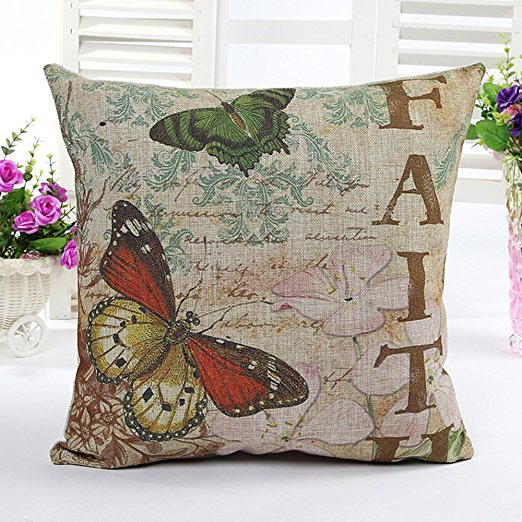 4TH Emotion Butterfly Retro Home Decor Design Throw Pillow Cover Pillow Case 18 x 18 Inch Cotton Linen for Sofa(Faith)