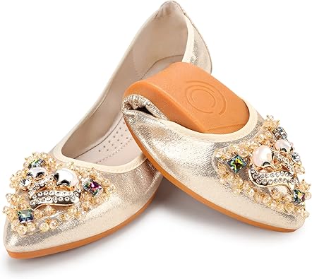 KUNWFNIX Women Ballet Flats Rhinestone Wedding Ballerina Shoes Foldable Sparkly Comfort Slip on Flat Shoes