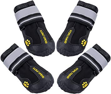 QUMY Dog Boots Waterproof Shoes for Large Dogs with Reflective Velcro Rugged Anti-Slip Sole Black 4PCS