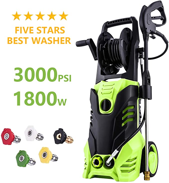 Homdox 3000 PSI 1.80 GPM Electric Pressure Washer 1800W Power Washer Professional Washing Cleaner Machine w/Soap Dispenser, Rolling Wheels, Hose Reel, 5 Nozzles