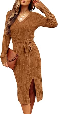 MEROKEETY Women's V Neck Cable Knit Sweater Dress Long Sleeve Bodycon Slit Pullover Midi Dress with Belt