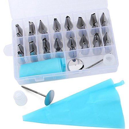 Cake Decorating Kit Tools with 32 Pieces Professional Stainless Steel DIY Icing Tip Set Tools and 2 Reusable Silicone Icing Bags Nozzles* 2*Flower Nails  2* Couplers Tool Set