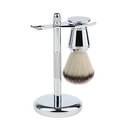 CSB Shaving Brush Kit for Men - Synthetic Nylon Shaving Brush with Chrome Metal Brush Stand, Double Edge Safety Razor Holder - Gift for Men