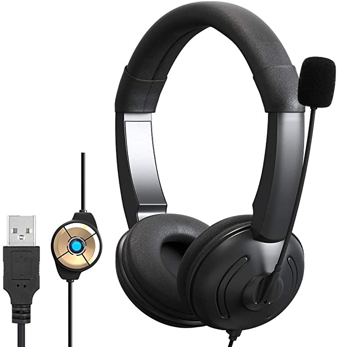USB Headset with Microphone Noise Cancelling and in-line Controls, PC Headphone For Skype SoftPhone UC Business Call Center, Online Teaching, Super Lightweight, Ultra Comfort