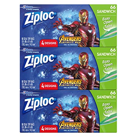 Ziploc Brand Sandwich Bags Featuring Marvel Studios’ Avengers: Infinity War Designs, 66 ct, 3 Pack