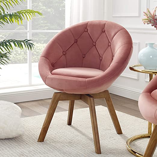 Volans Mid Century Modern Velvet Tufted Round Back Upholstered Swivel Accent Chair Pink with Wood Legs Vanity Chair, Home Office Desk Chair for Living Room Bedroom Study