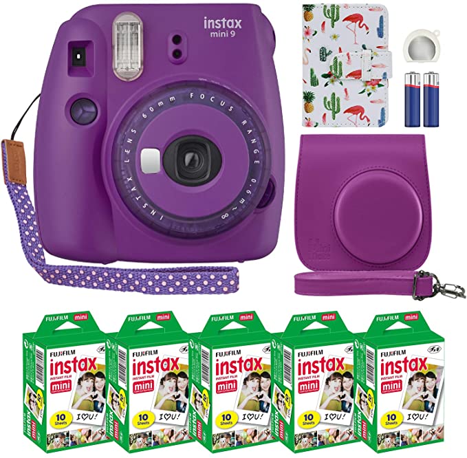 Fujifilm Instax Mini 9 Instant Camera Clear Purple with Clear Accents with Custom Case   Fuji Instax Film Value Pack (50 Sheets) Designer Photo Album for Fuji instax Mini 9 Photos
