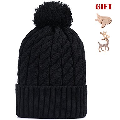 Paragon Winter Warm Knit Skull Hat Beanie Cap Fleece Lining Thick Slouchy Cable with pom
