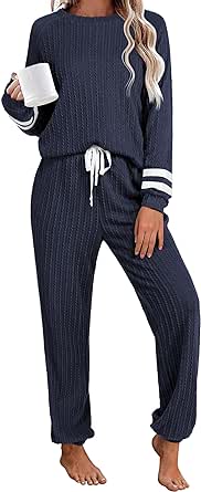 Ekouaer Lounge Sets for Women Ribbed Knit Outfits Pajamas Sets 2 Piece Long Sleeve Sweatsuits with Pockets