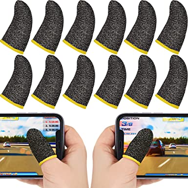 30 Piece Finger Sleeve for Gaming Mobile Game Controller Finger Thumb Sleeve Anti-Sweat Breathable Seamless Touchscreen Finger Cover Silver Fiber for Phone Game PUBG (Yellow Brim)