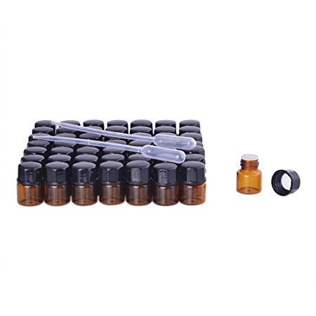 MUB 2 ml (1/2 dram) Amber Glass Vial Sample Bottles with Orifice Reducer & Black Plastic Cap (Set of 50)