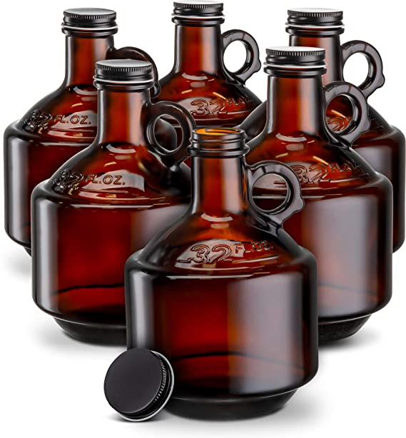 Amber Glass Bottles, by Kook, Growlers, with Black Plastisol Lined Lids, Beer, Soda, Cider, Kombucha, Set of 6, 32oz,