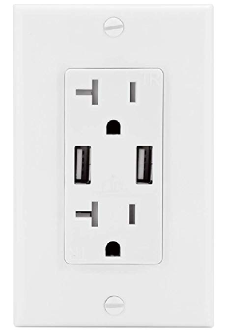 Teklectric - 4.2A Ultra High Speed Dual USB Charger Outlet - 20A Tamper Resistant Receptacle UL Approved - Free Wall Plate
