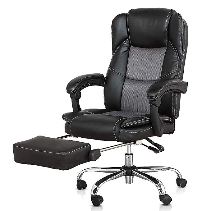 B2C2B Ergonomic Reclining Office Chair High Back Napping Desk Chair Computer Chair Leather Chair with Footrest Large Seat and Lumbar Support 300lbs Black