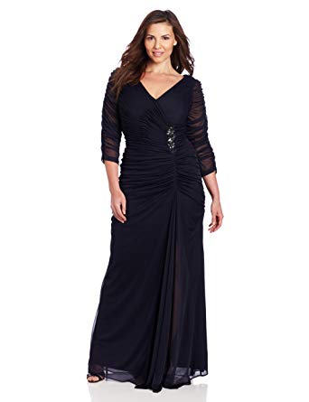 Adrianna Papell Women's Plus-Size Three-Quarter Sleeve Ruched Gown
