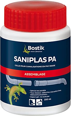 Bostik Colle Tuyaux PVC Saniplas PA, Tous réseaux, Eau Potable, Pinceau Inclus dans le Bouchon, Boite Plastique 250ml