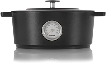 Combekk RAILWAY Recycled Enameled Cast Iron 6.3 Quart Dutch Oven w/Thermometer, Black, 11"